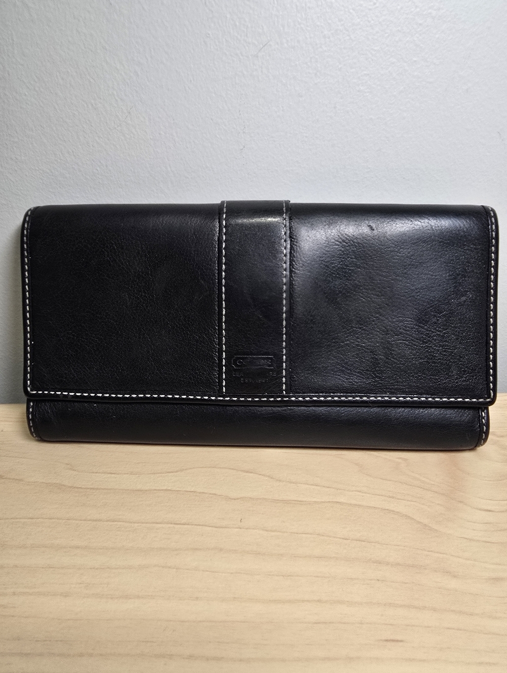 COACH Black Leather Trifold Snap Wallet ID Window Zippered Pocket
